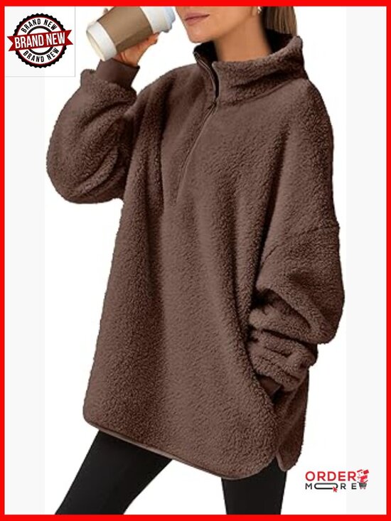 Tops - Oversized Sherpa Fleece Zip Up Hoodie Sweatshirt Pullover